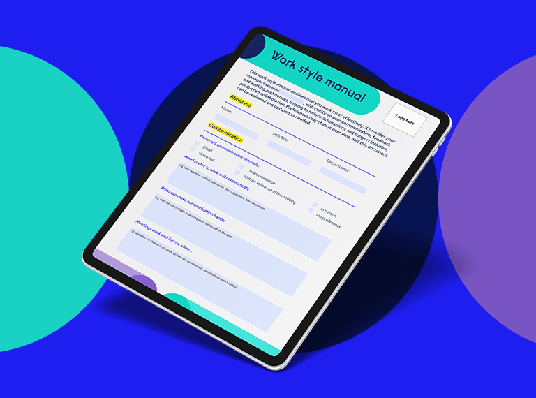Tablet displaying a work style manual document with yellow highlights on a blue background with teal and purple circles.