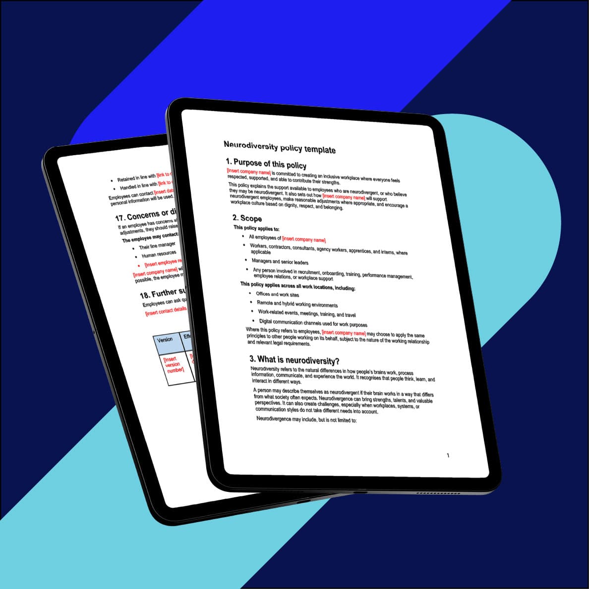 Two tablets displaying a neurodiversity policy template document with red text highlights on a blue geometric background.