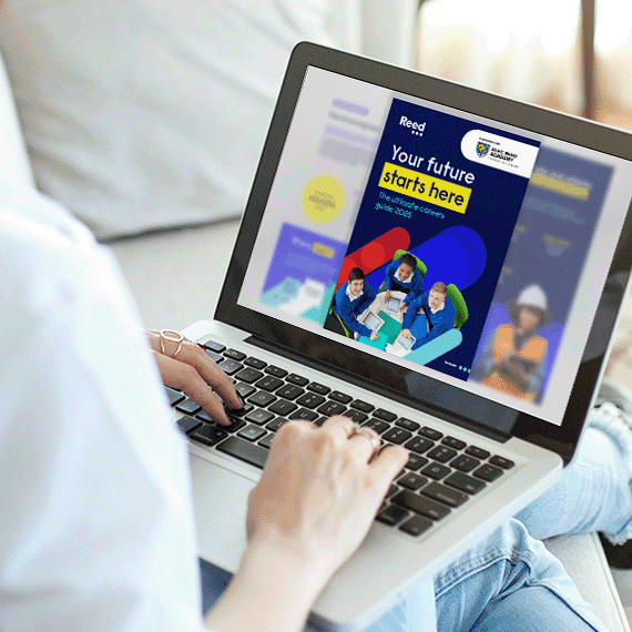 Woman looking at Reed's careers guide on a laptop