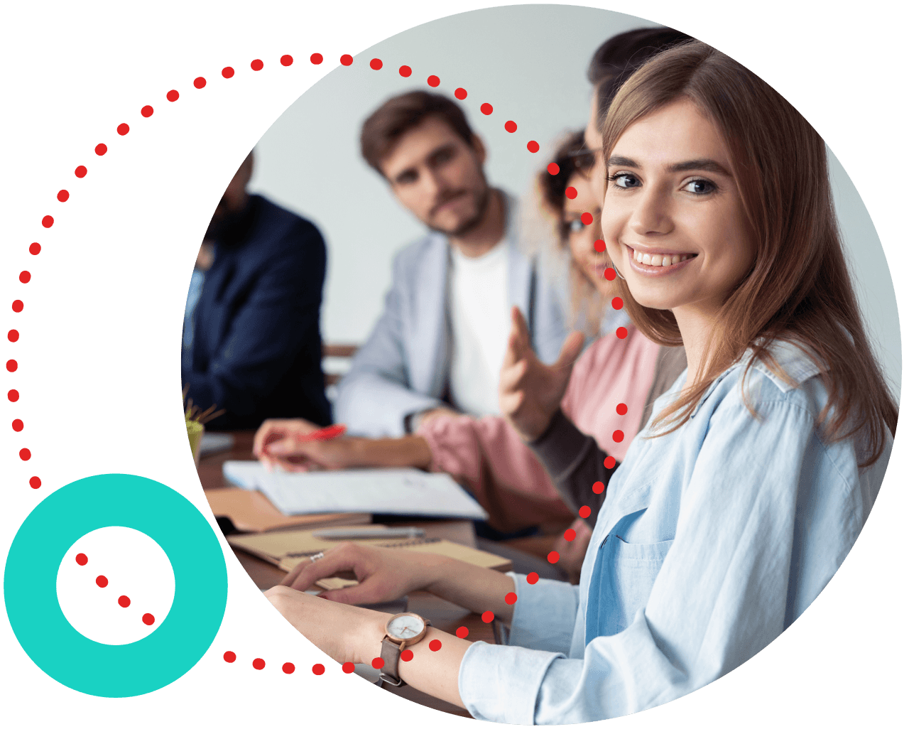 People smiling around a table