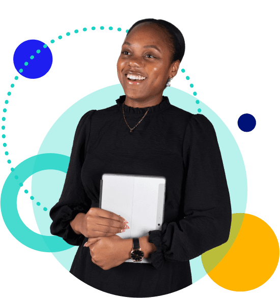 Woman smiling and holding a tablet